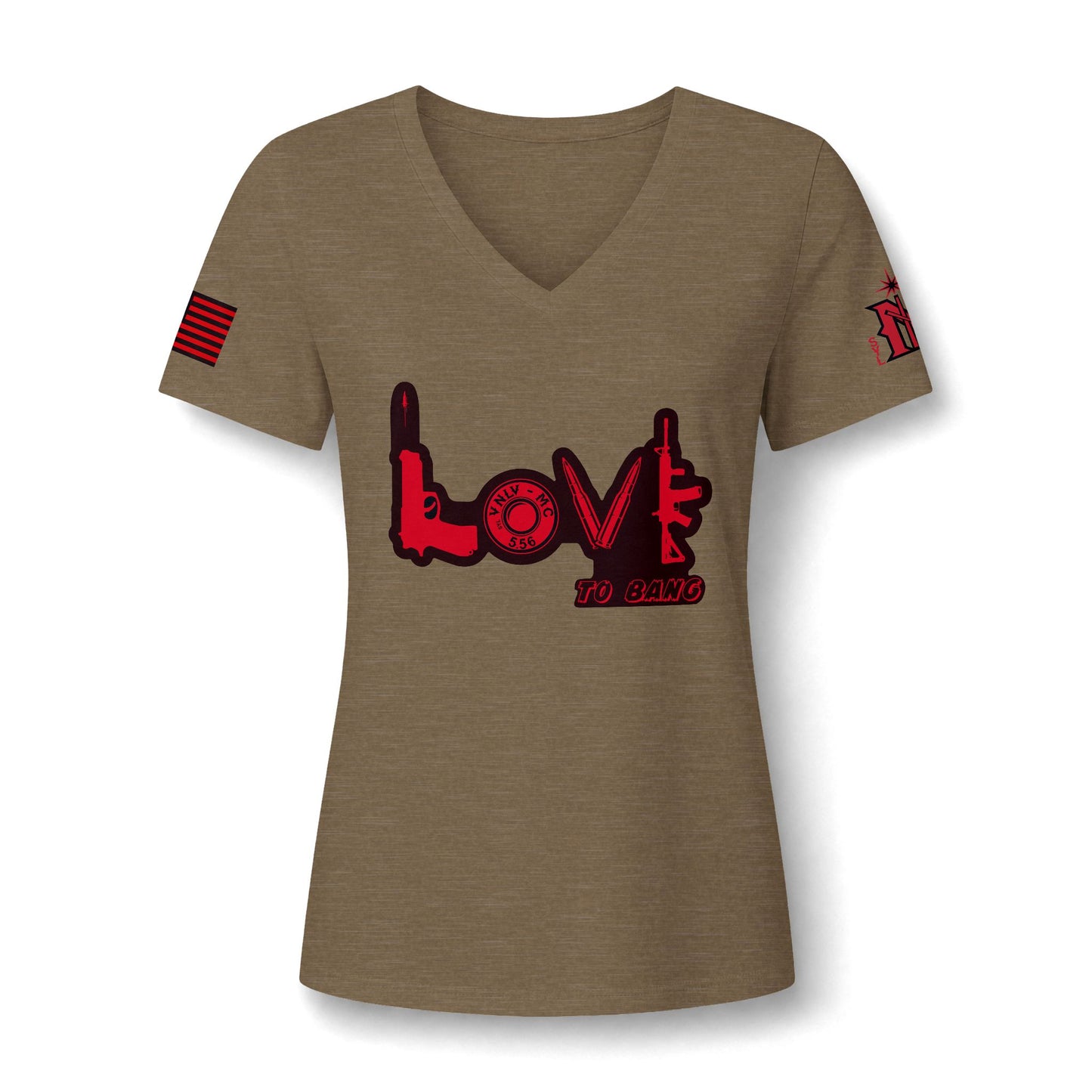 Women's V-Neck Tee — Red 'LOVE to Bang' Tactical Design (Support Your Local)