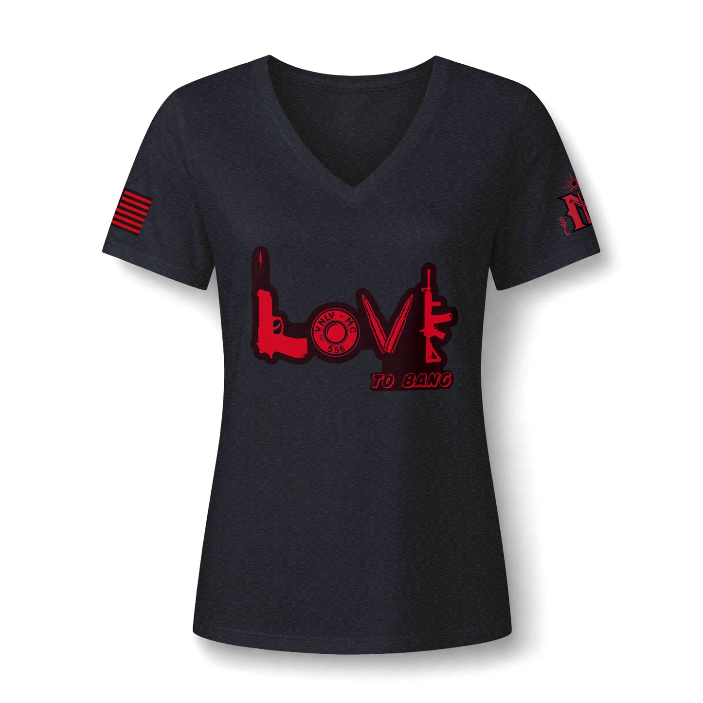 Women's V-Neck Tee — Red 'LOVE to Bang' Tactical Design (Support Your Local)