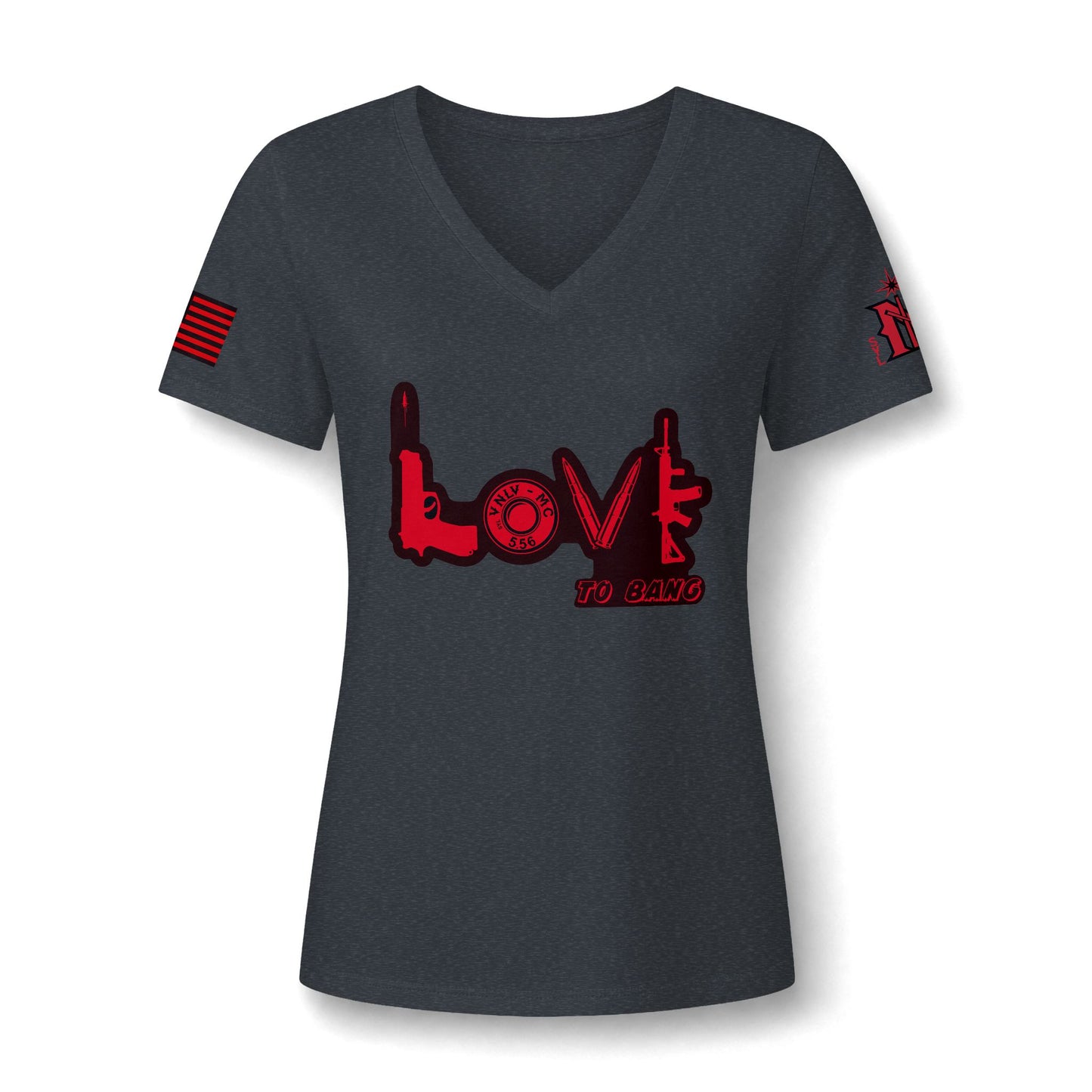 Women's V-Neck Tee — Red 'LOVE to Bang' Tactical Design (Support Your Local)