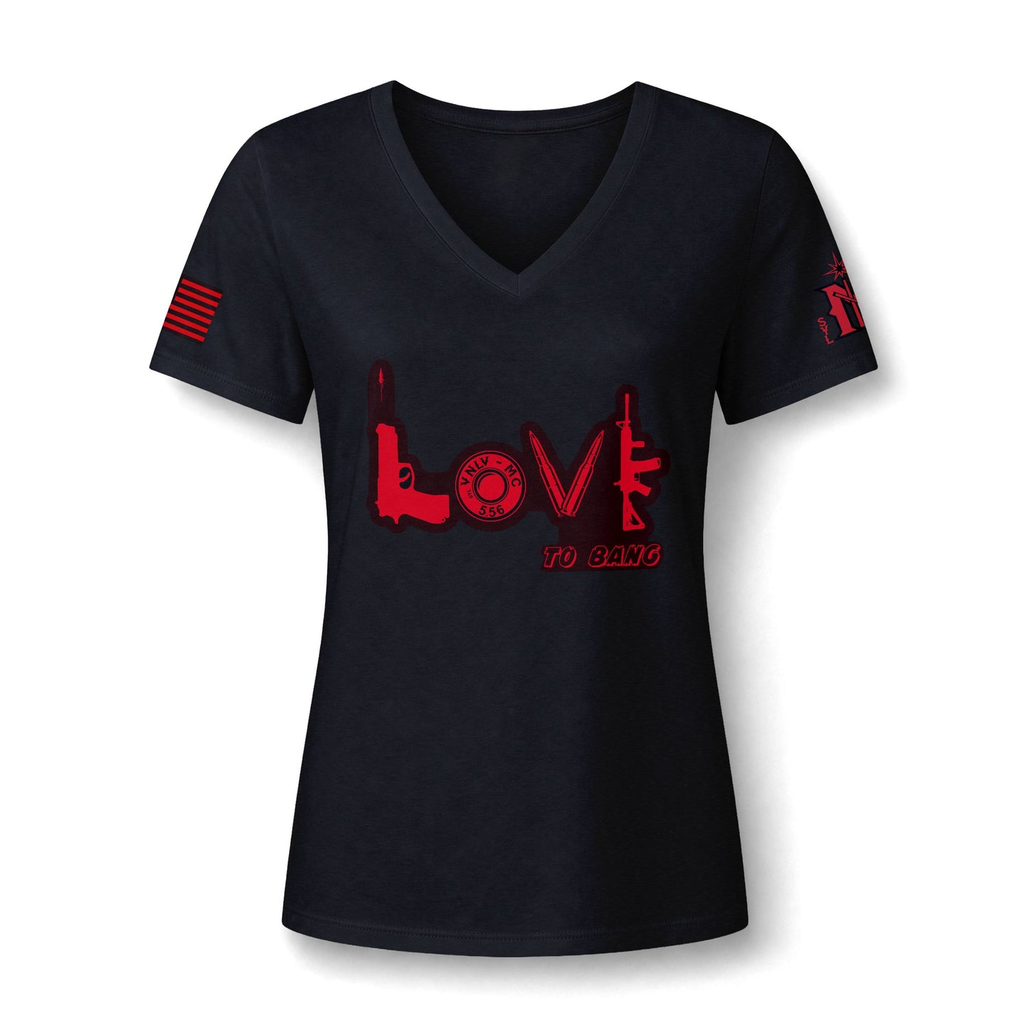 Women's V-Neck Tee — Red 'LOVE to Bang' Tactical Design (Support Your Local)